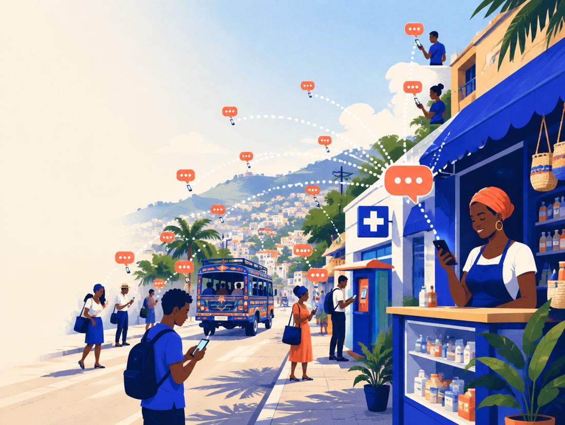 Illustration : dans une rue commerçante de Pétion-Ville, des messages partent du téléphone d'une commerçante vers les téléphones des passants.
